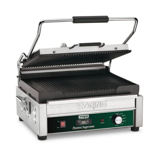 1800W Commercial Ribbed Panini Grill with 20-Minute Timer