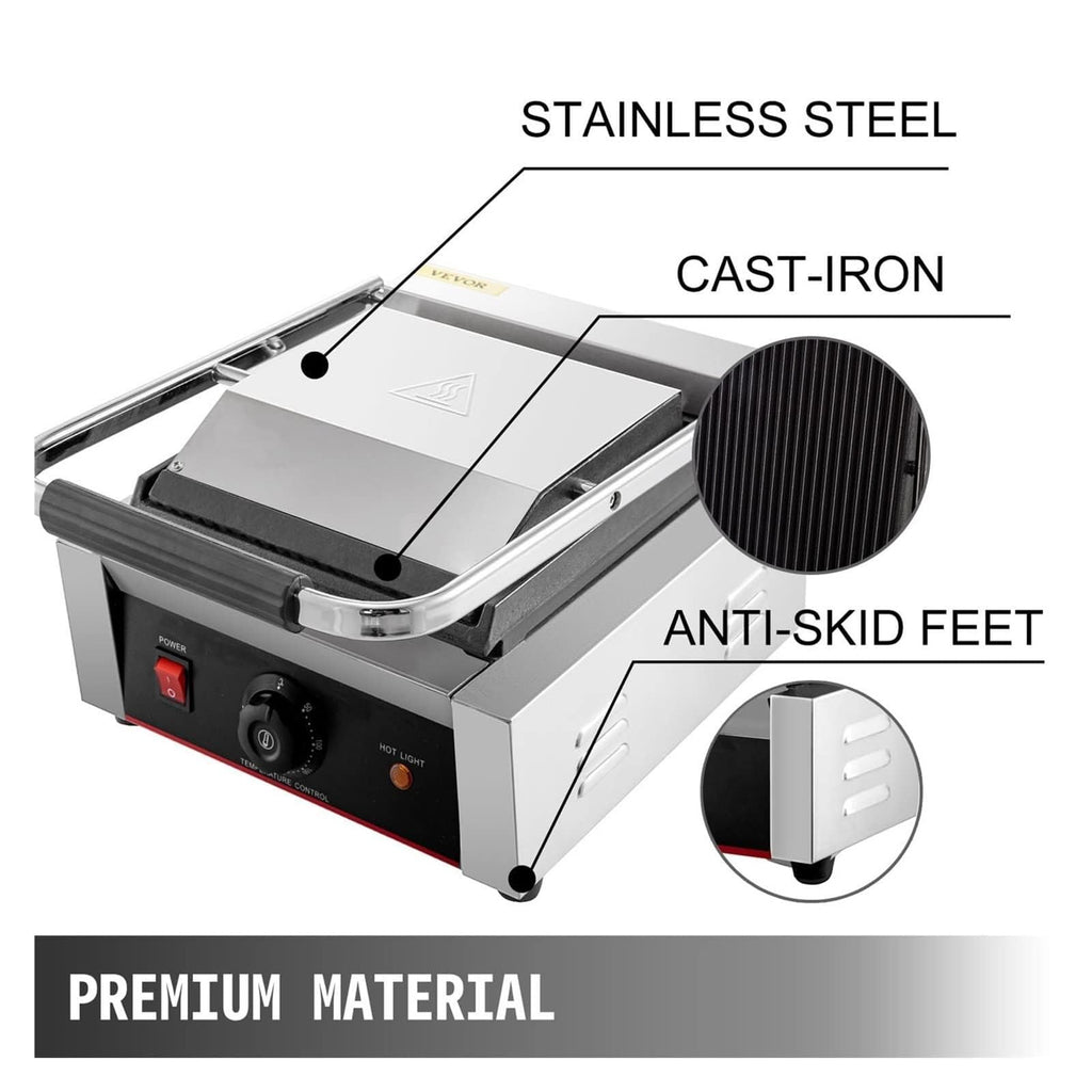 1800W Commercial Panini Press with Grooved & Flat Plates