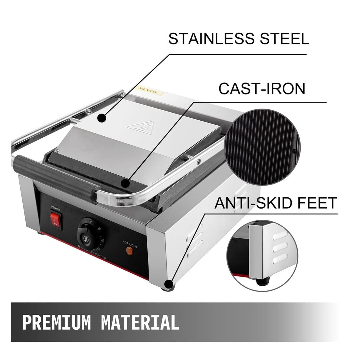 1800W Commercial Panini Press with Grooved & Flat Plates