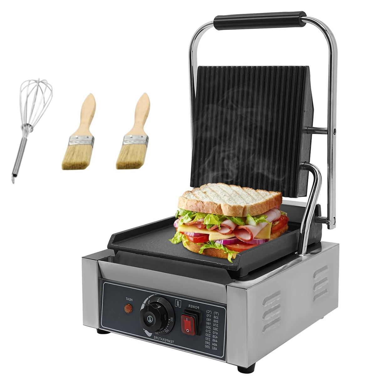 1800W Commercial Panini Press with Grooved & Flat Plates