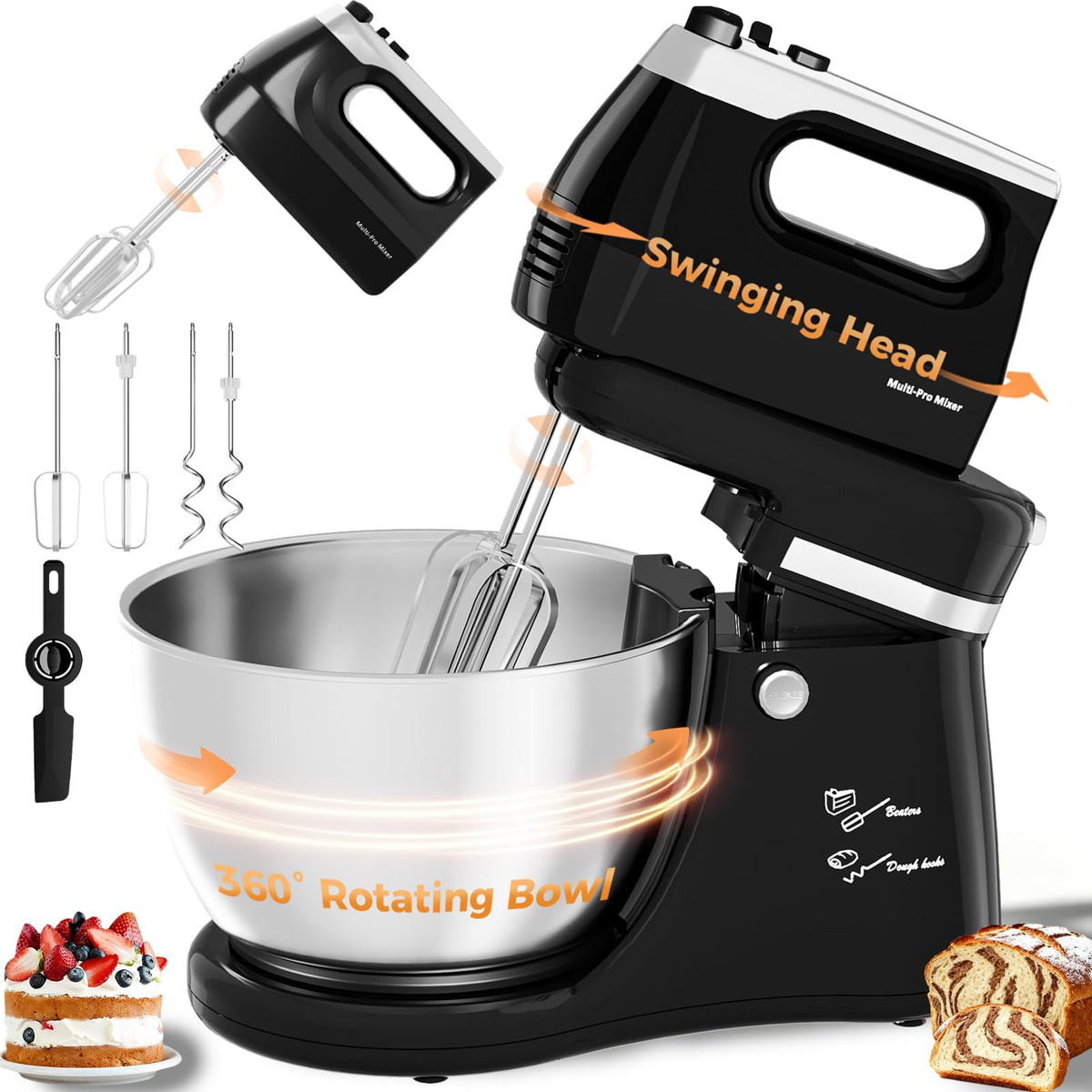 2-in-1 Stand Mixer with Auto-Rotating Bowl & 5-Speed Control