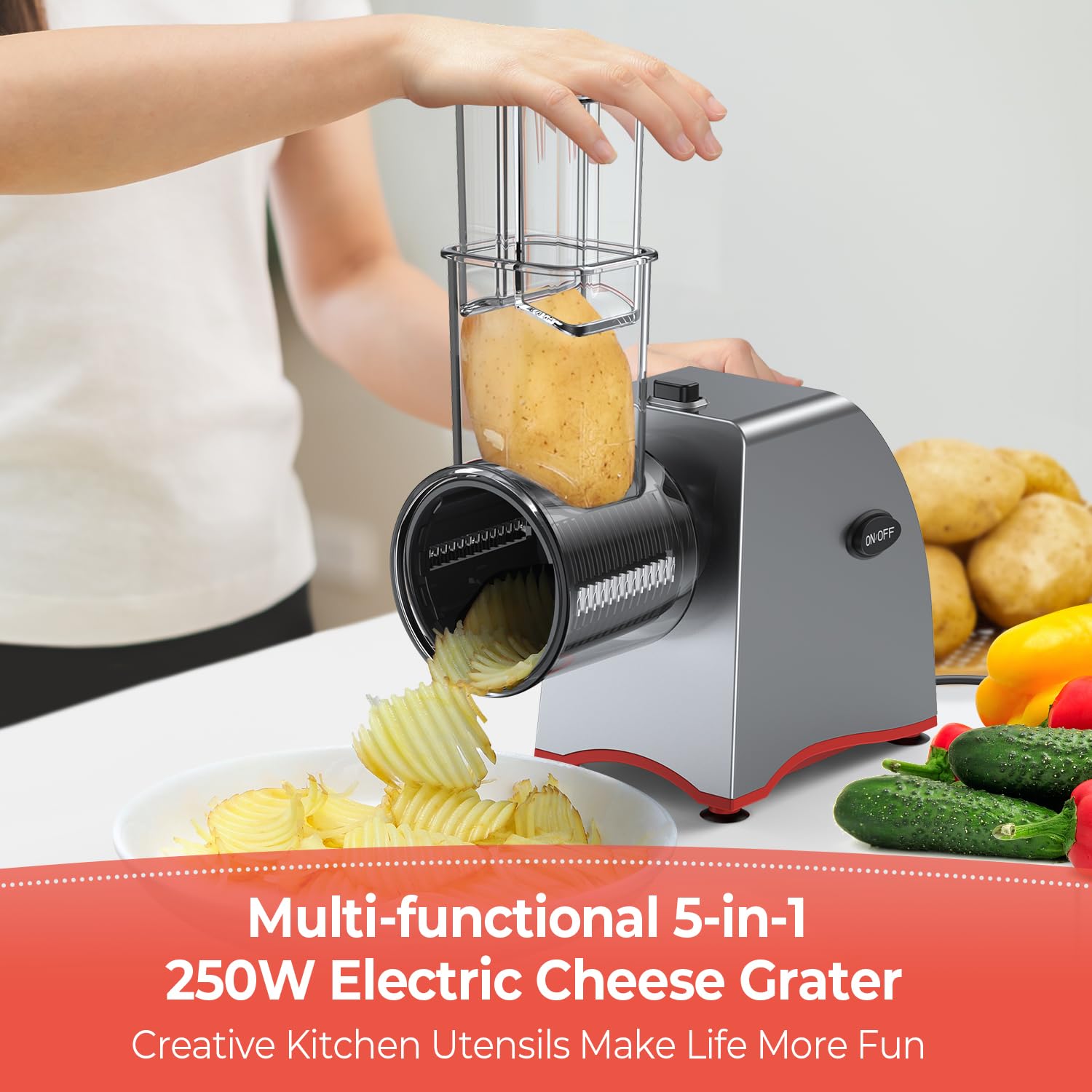 250W Electric Cheese Grater & Shredder with 5 Blades