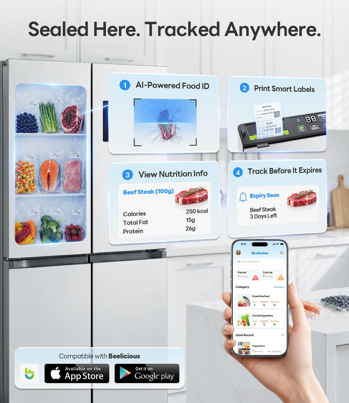 98kPa Vacuum Sealer with FoodTrace Label Printing & Food Management App
