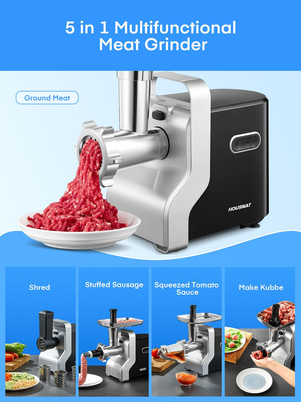 HOUSNAT 5-in-1 Meat Grinder Heavy Duty, 3000W Max Ultra Powerful