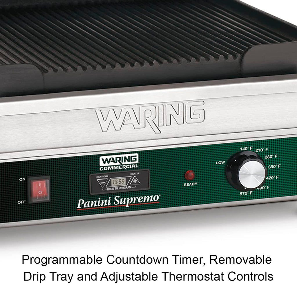 1800W Commercial Ribbed Panini Grill with 20-Minute Timer