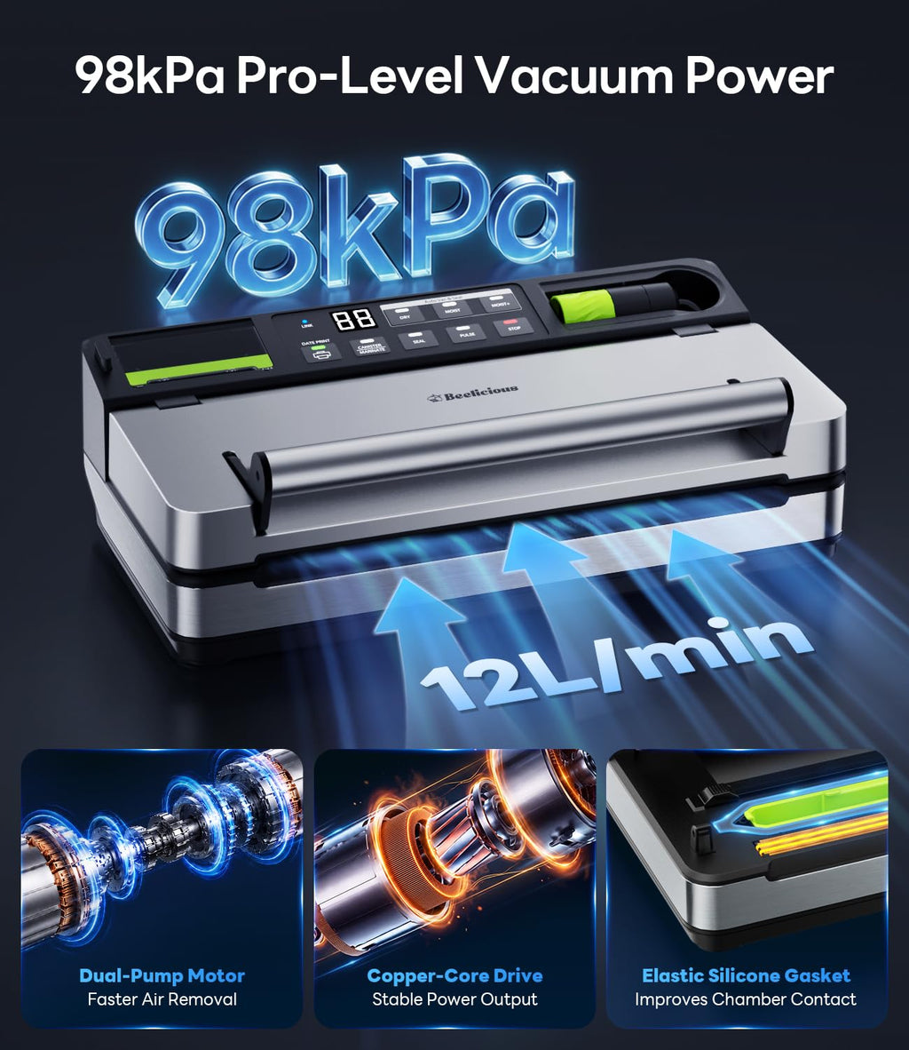 98kPa Vacuum Sealer with FoodTrace Label Printing & Food Management App