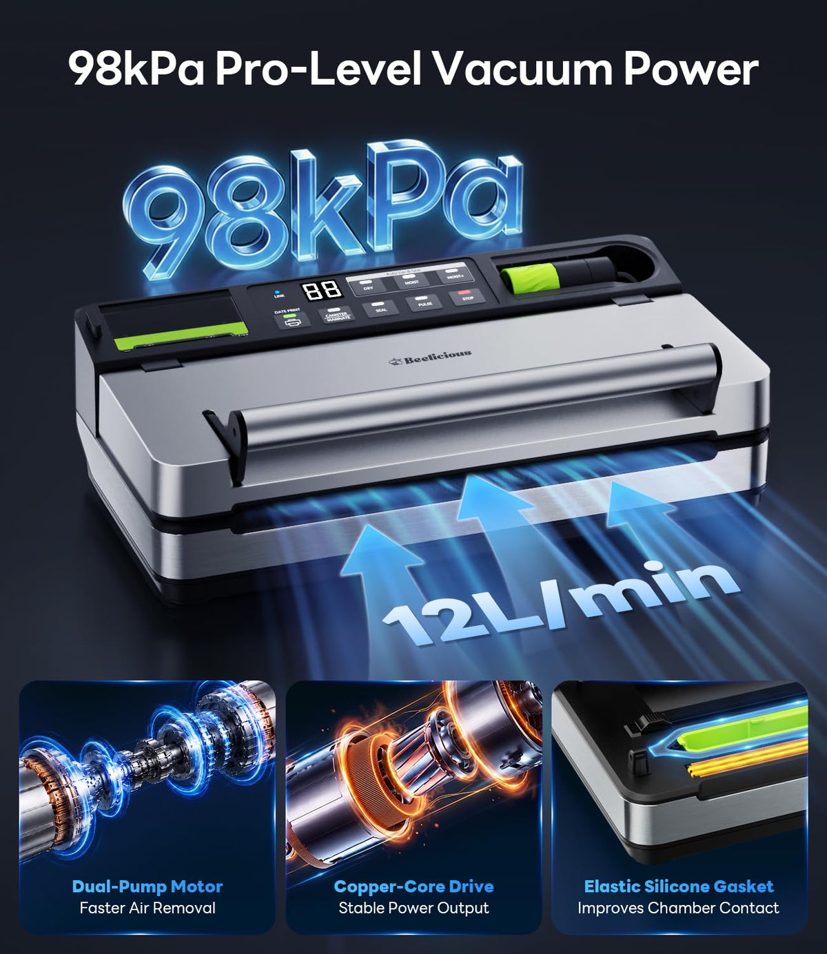 98kPa Vacuum Sealer with FoodTrace Label Printing & Food Management App