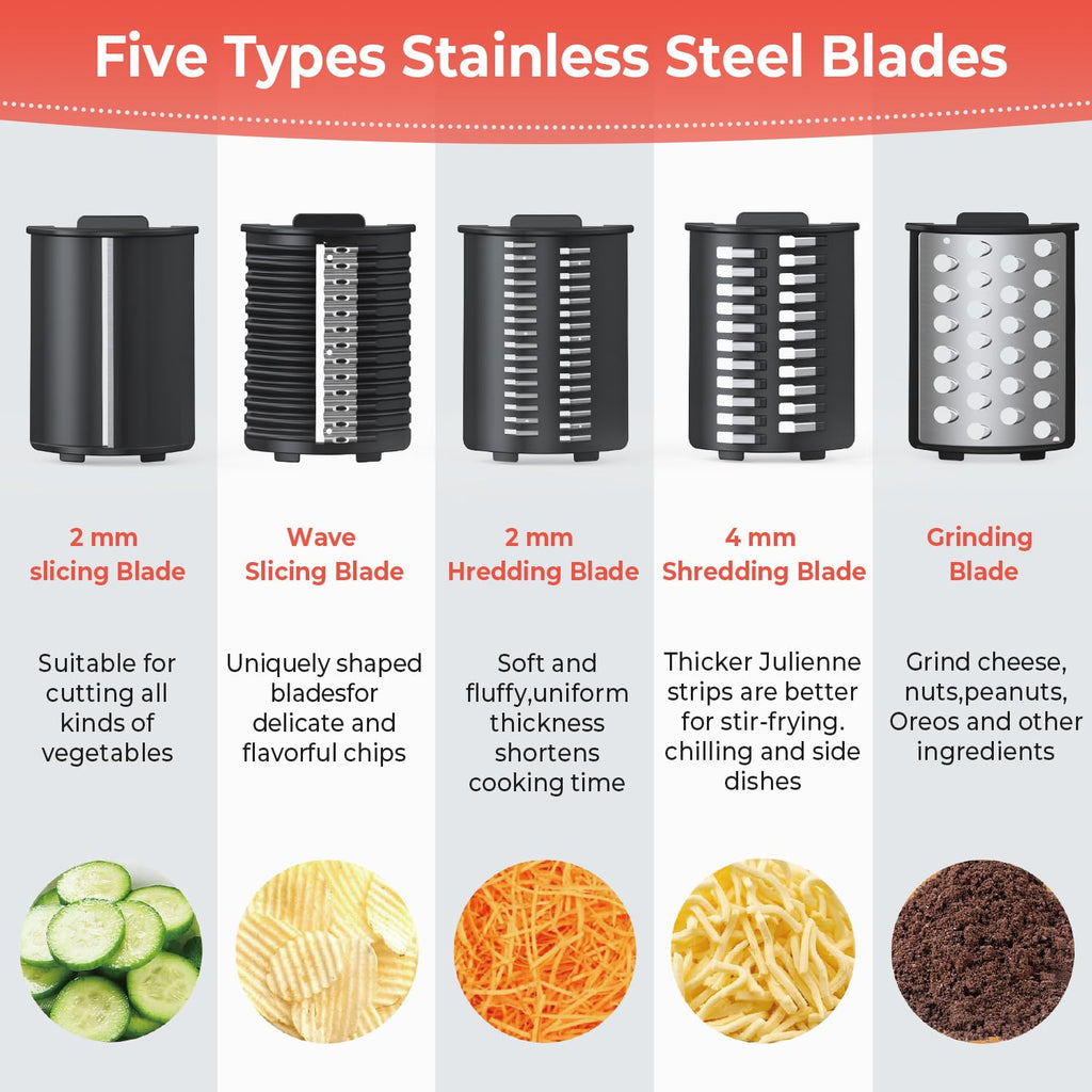 250W Electric Cheese Grater & Shredder with 5 Blades