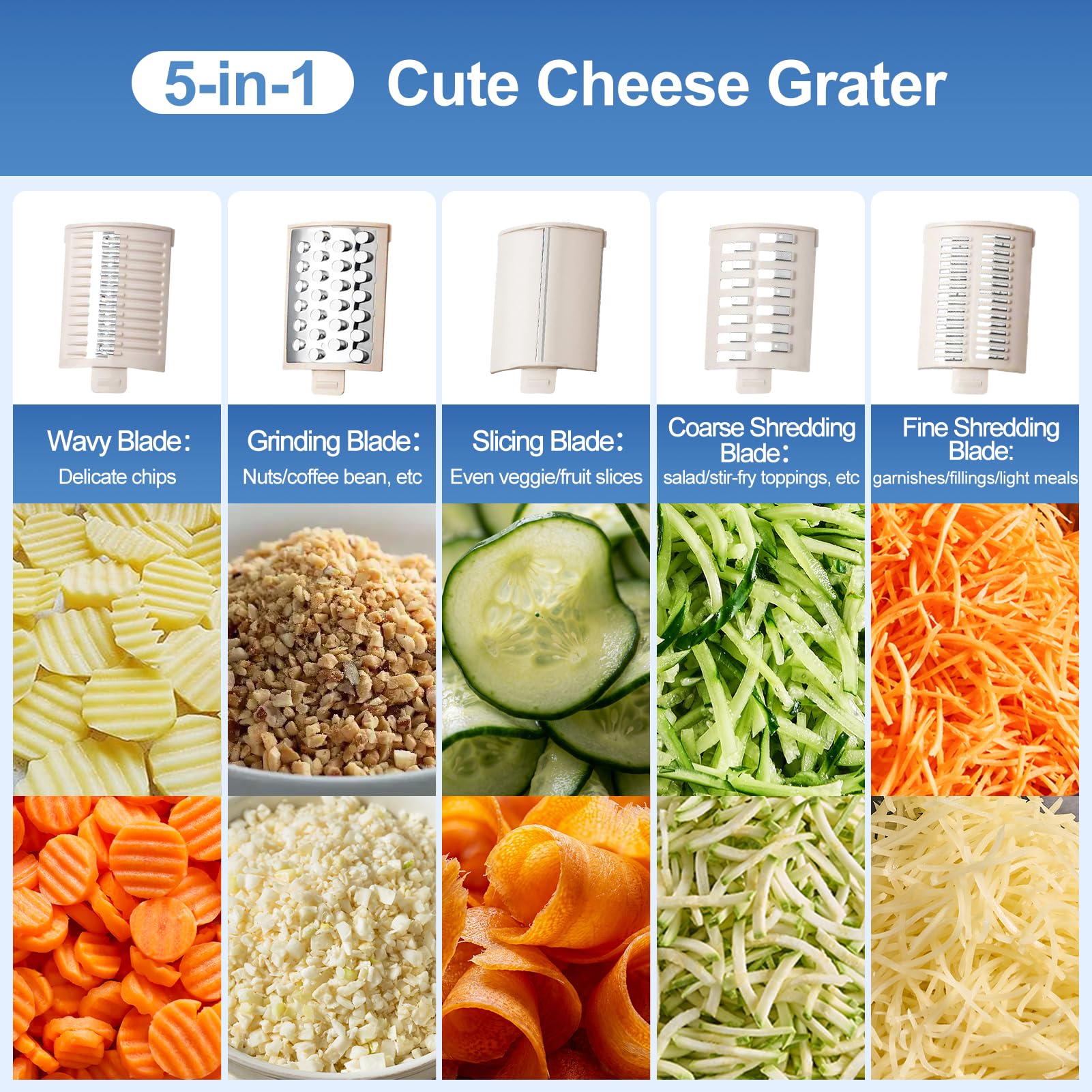 5-in-1 Electric Vegetable Slicer & Cheese Grater with One-Touch Control