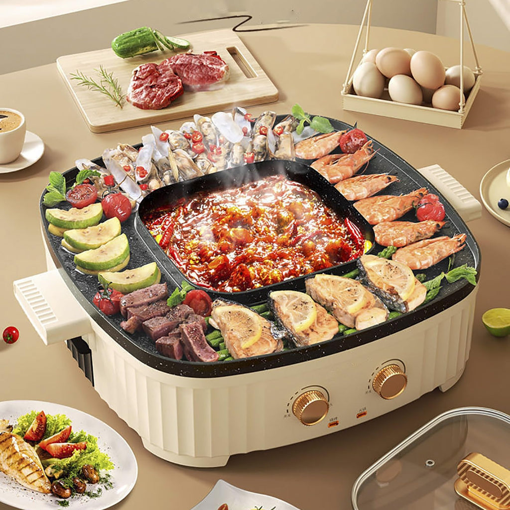 2-in-1 Electric Grill & Hot Pot with Non-Stick Divided Pan